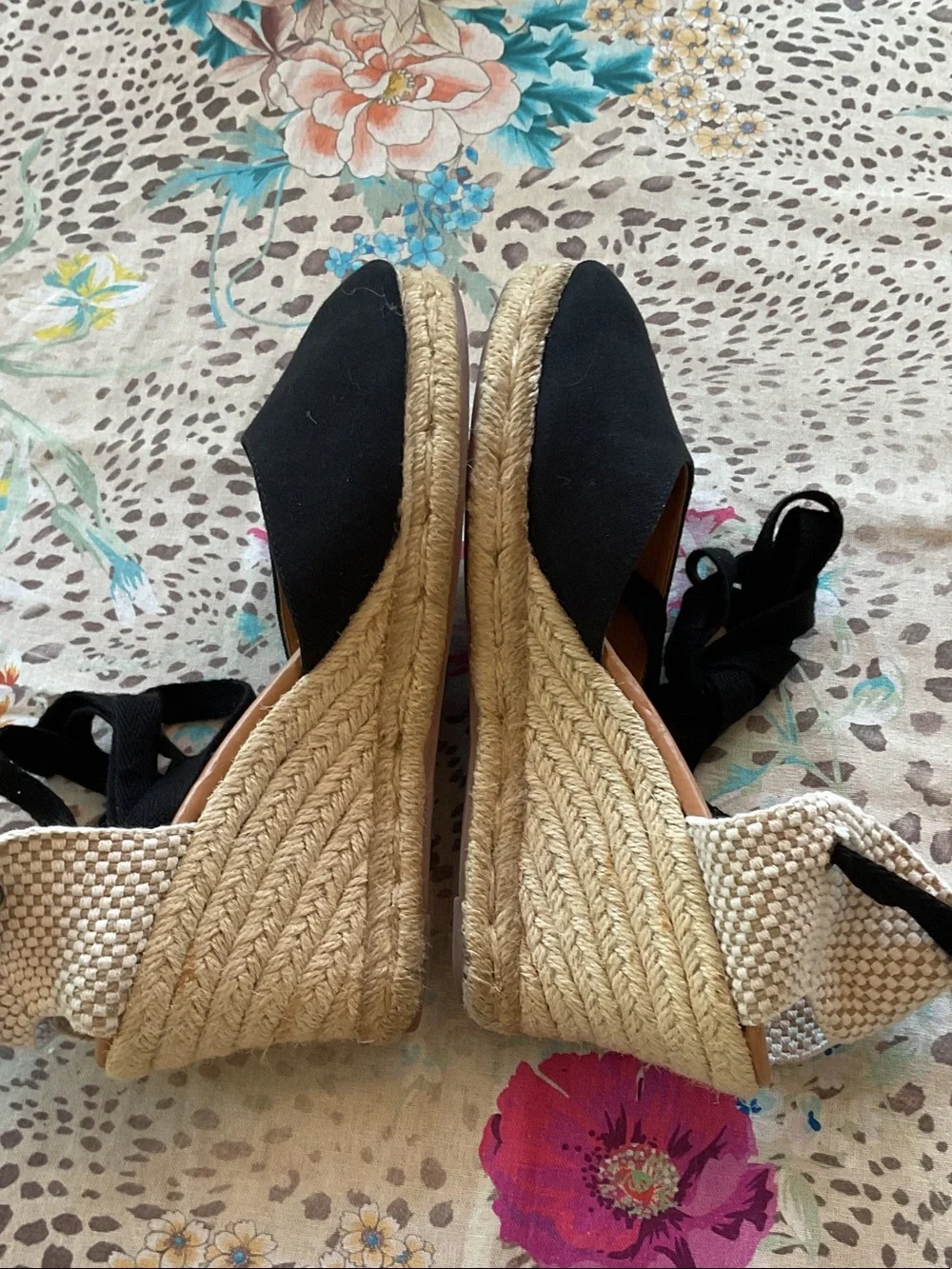 J. Crew Black Espadrille Wedges with Cream Braided Heel and Ankle Ties